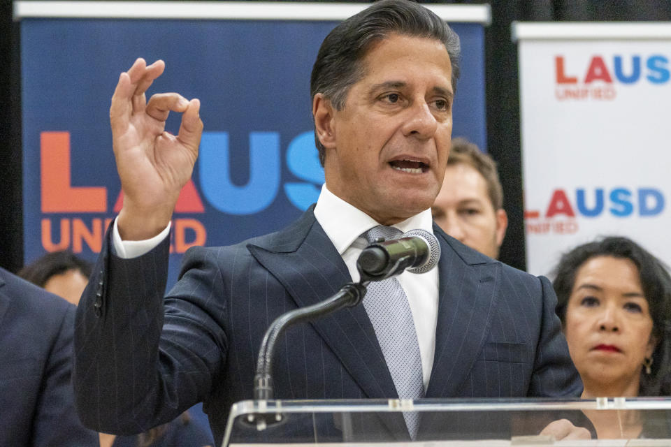 Alberto Carvalho, Superintendent, Los Angeles Unified School District, the nation's second-largest school district, comments on an external cyberattack on the LAUSD information systems during the Labor Day weekend, at a news conference at the Roybal Learning Center in Los Angeles Tuesday, Sept. 6, 2022. Despite the ransomware attack, schools in the nation's second-largest district opened as usual Tuesday morning. (AP Photo/Damian Dovarganes)