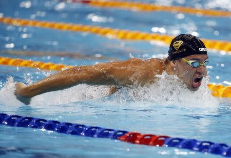 Chad Le Clos of South Africa swims to win the men's 100m butterfly event of the FINA Swimming World Cup at the Aquatic Centre in Singapore November 2, 2014. REUTERS/Edgar Su