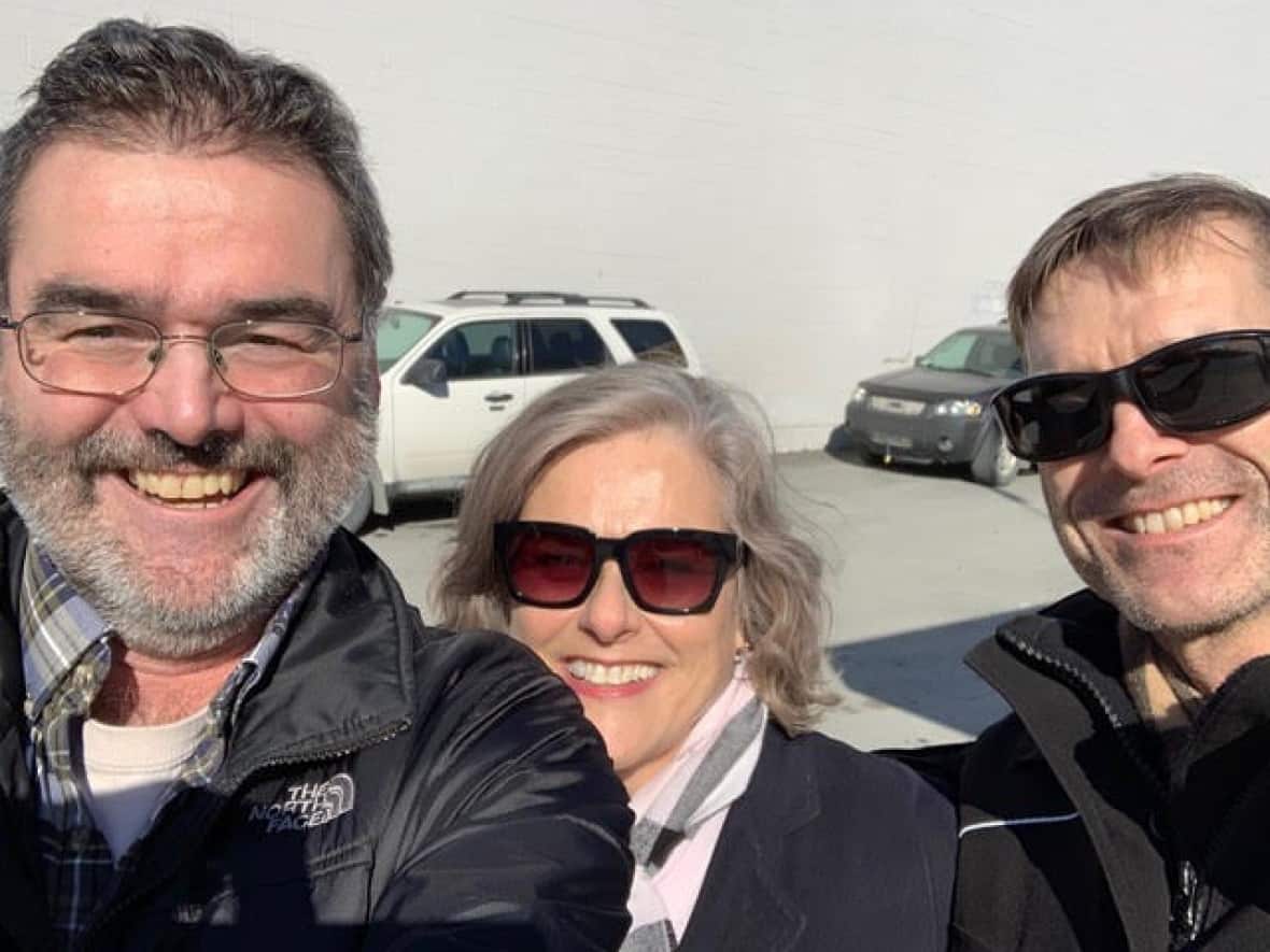 Former RCMP officer Barry Mair, left, with his sister Shirley and brother Norm, in 2019. Barry Mair had long struggled with PTSD before his death earlier this year. (Submitted by Norm Mair - image credit)