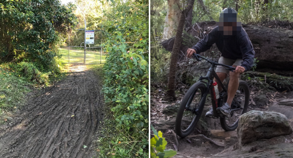 Left - a mountain bike trail heading towards a fence which should protect land at Westleigh Park. Right - a man riding on one of the trails.