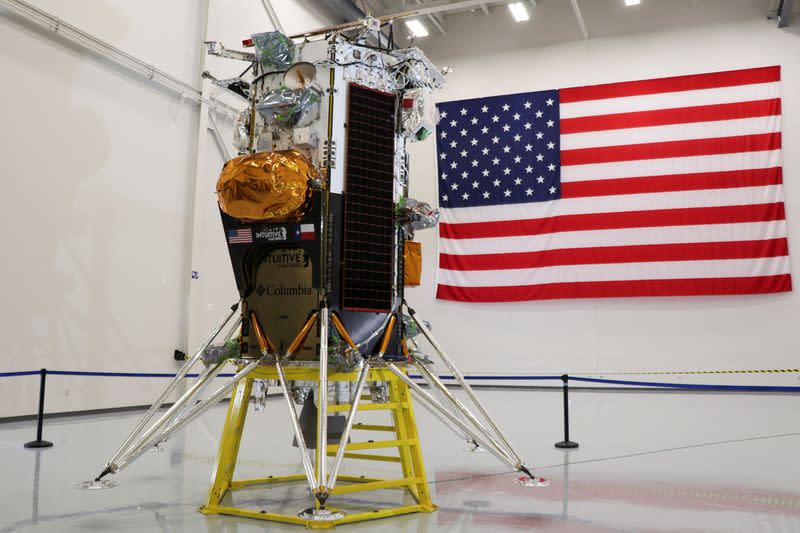 FILE PHOTO: The Nova-C lunar lander designed by aerospace company Intuitive Machines is displayed at the company's headquarters in Houston