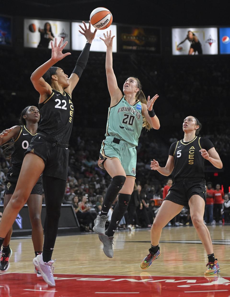Sabrina Ionescu #20 of the New York Liberty shoots the ball during the game against the Las Vegas Aces