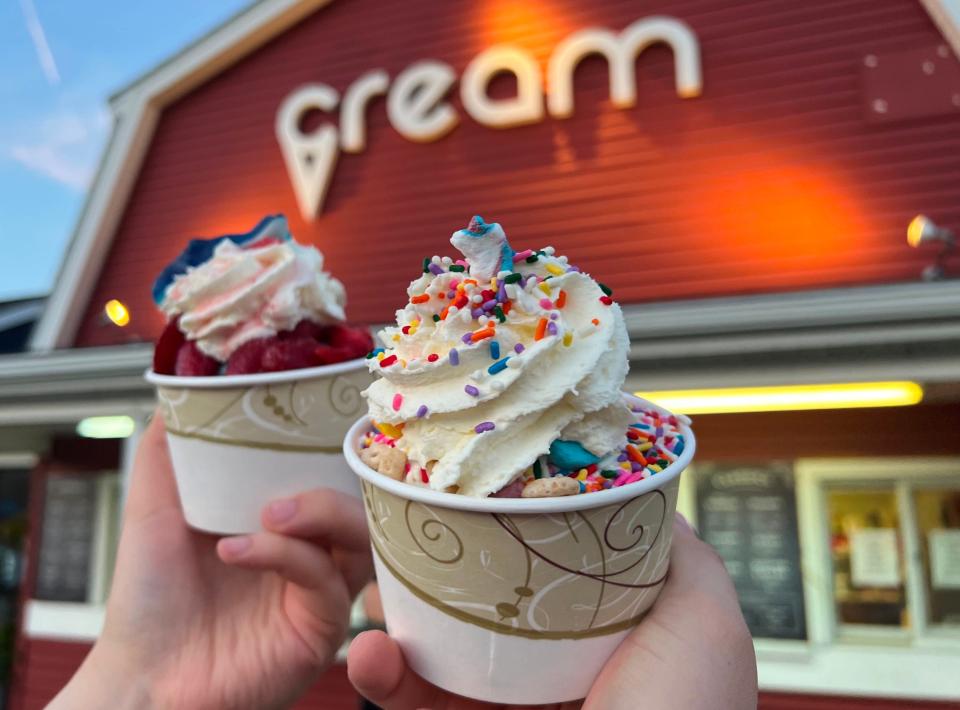 Cream has a Shark Bite Sundae with crushed graham cracker on the bottom, with 'crunch-a-saurus' ice cream, topped with strawberries, whip cream and a gummy shark,
and a Unicorn Sundae with cotton candy ice cream, marshmallow sauce, a magical scoop of Lucky Charms, whipped cream, and rainbow sprinkles.