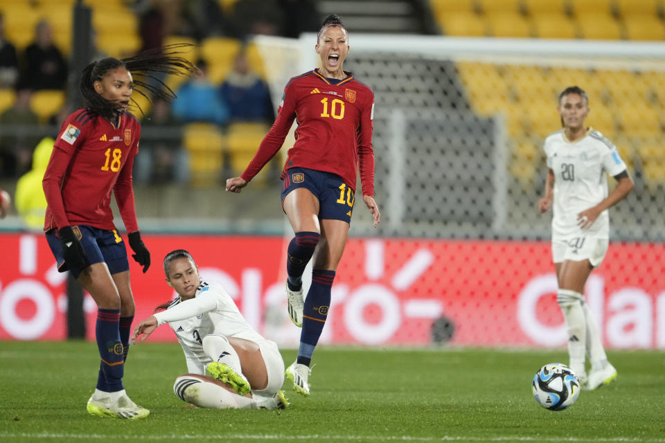 Spain's Jennifer Hermoso reacts during the Women's World Cup Group C soccer match between Spain and Costa Rica in Wellington, New Zealand, Friday, July 21, 2023. (AP Photo/John Cowpland )