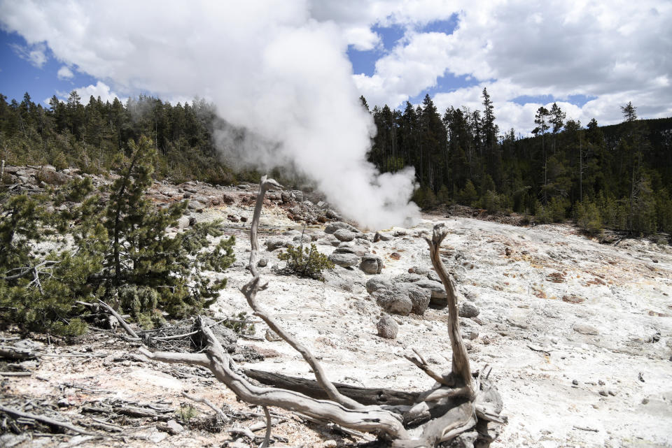 Esta foto, tomada el 15 de mayo de 2018, muestra al géiser Steamboat emitiendo un pequeño chorro de vapor. (Rachel Leathe /Bozeman Daily Chronicle via AP)