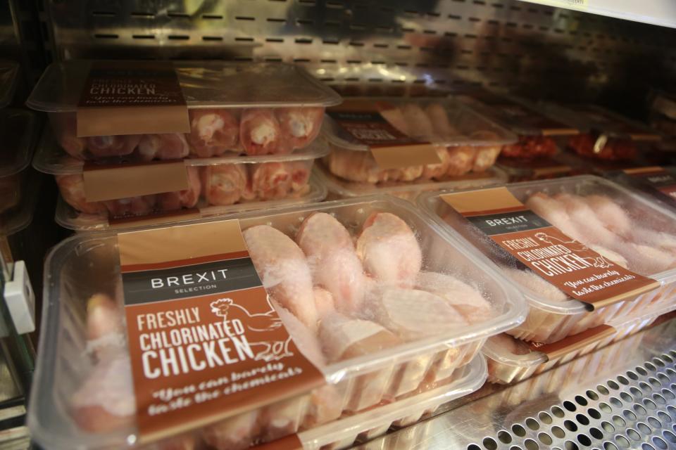 Packs of ‘Brexit Selection Freshly Chlorinated Chicken’ sit on display at ‘Costupper’ Brexit Minimart pop-up store, set up by the People’s Vote campaign group, in November 2018 (Getty)