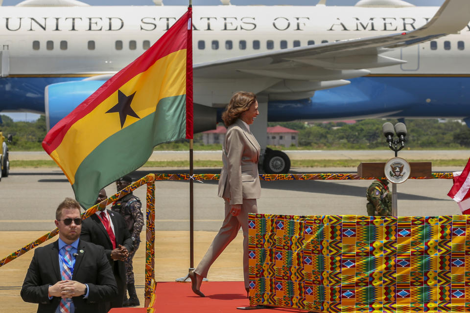 U.S. Vice President Kamala Harris smiles as she arrives in Accra, Ghana, Sunday March 26, 2023. Harris is on a seven-day African visit that will also take her to Tanzania and Zambia. (AP Photo/Misper Apawu)