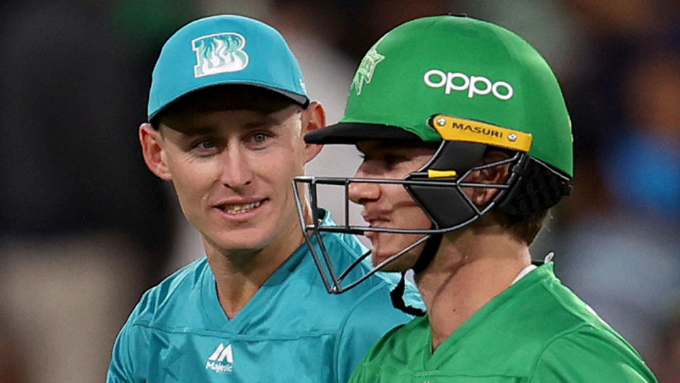 Marcus Labuschagne laughing with Adam Zampa during the Big Bash League.