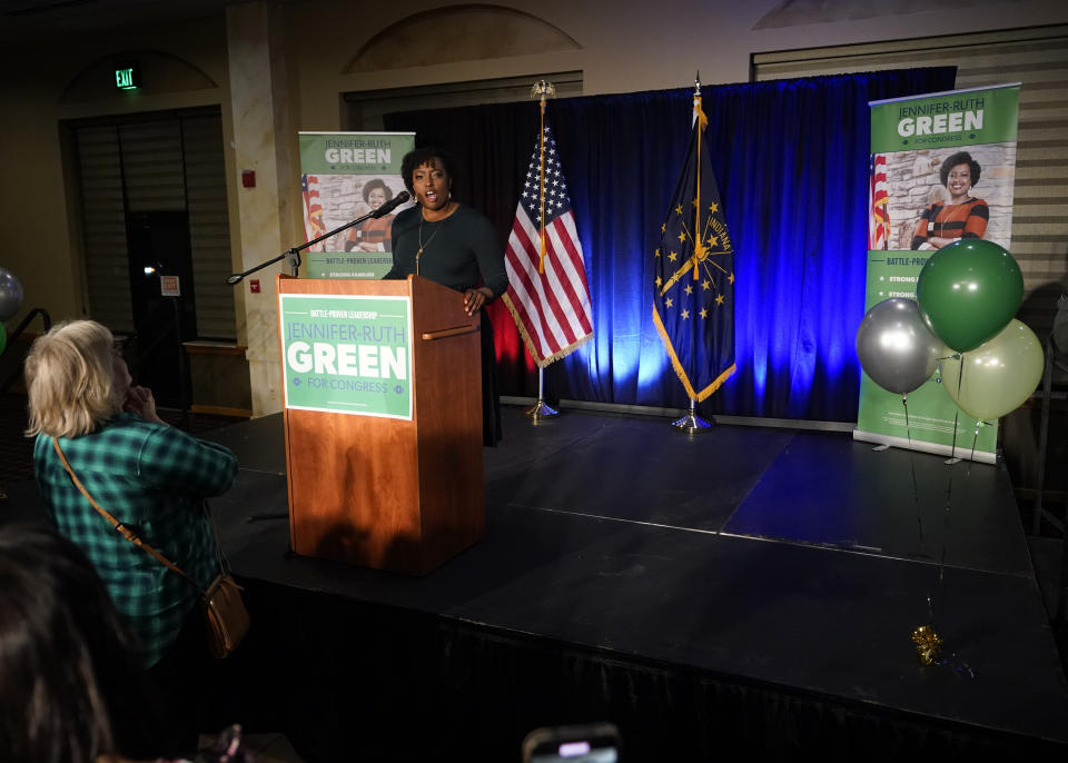 Jennifer-Ruth Green, the Republican candidate for Indiana's 1st Congressional District, speaks during an election campaign event Tuesday, Nov. 8, 2022, in Schererville, Ind. (AP Photo/Darron Cummings)
