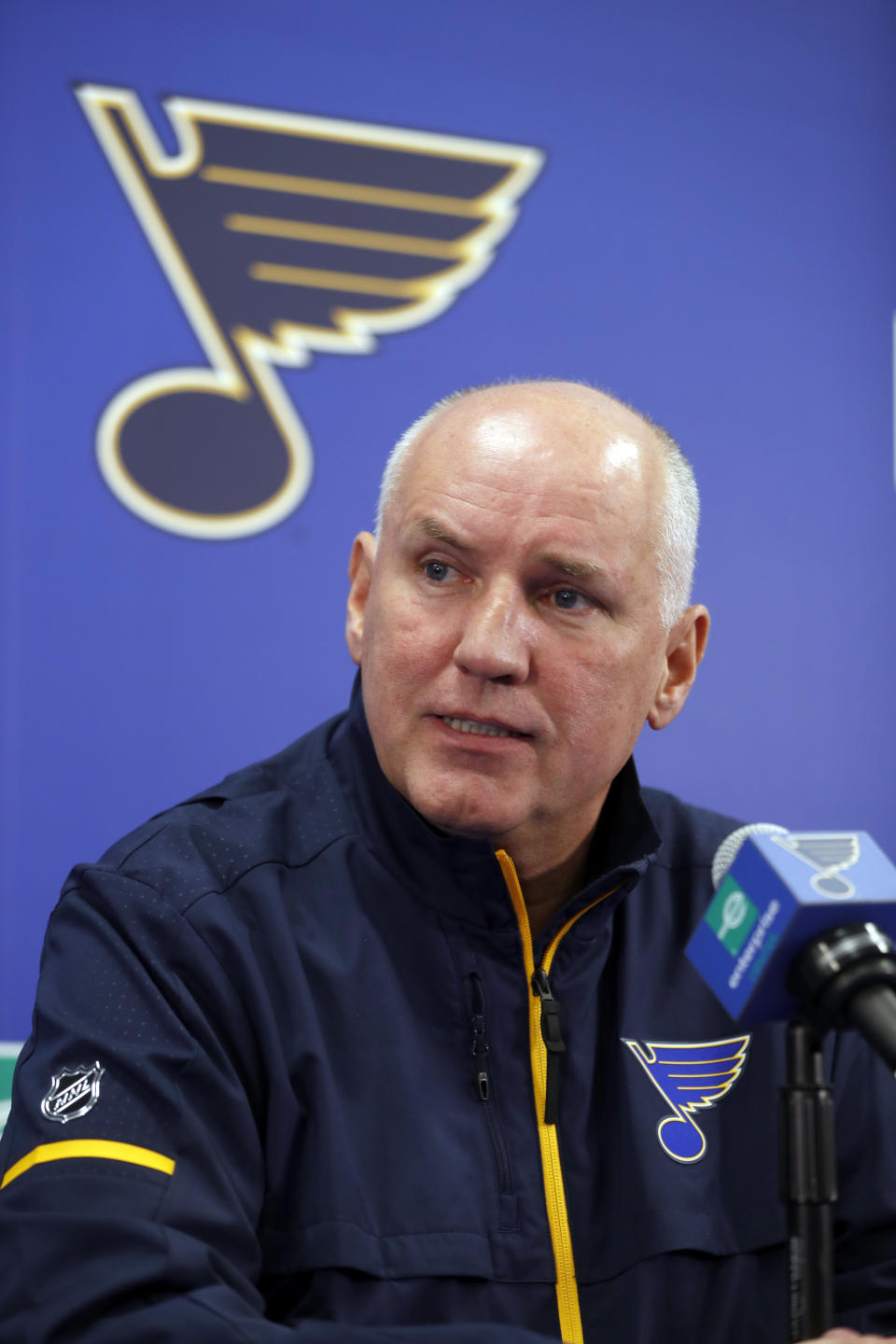 St. Louis Blues general manager Doug Armstrong speaks during a news conference naming Craig Berube interim head coach of the NHL hockey team Tuesday, Nov. 20, 2018, in St. Louis. The Blues fired head coach Mike Yeo following a 2-0 loss to the Los Angeles Kings Monday night. (AP Photo/Jeff Roberson)