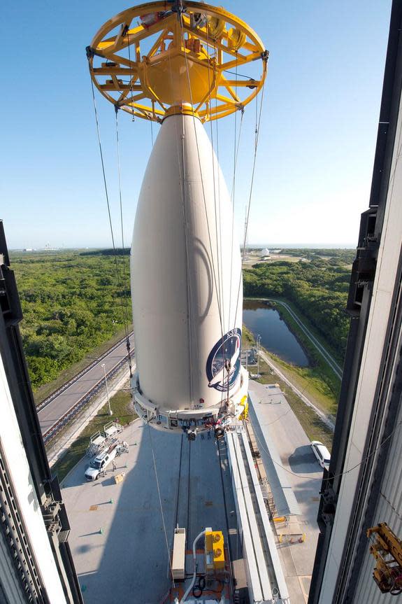 On May 13, 2015, United Launch Alliance tweeted this photo of the AFSPC-5 mission payload being mated to its launch vehicle in Cape Canaveral Air Force Station, Florida. The launch, carrying the X-37B space plane, is set for May 20.