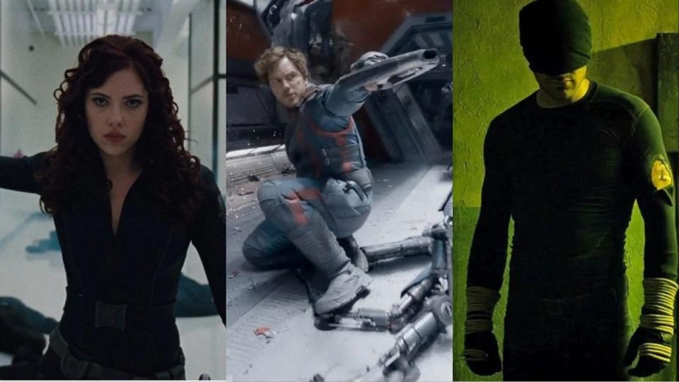 from L to R, Marvel stars Scarlett Johansson as Black Widow, Chris Pratt as Star-Lord, and Charlie Cox as Daredevil.