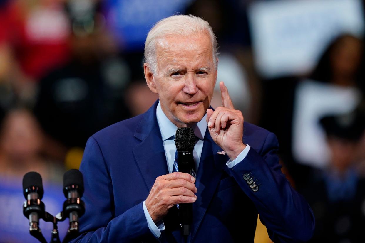 President Joe Biden speaks at the Arnaud C. Marts Center on the campus of Wilkes University on Tuesday in Wilkes-Barre, Pa. (AP Photo/Matt Slocum)