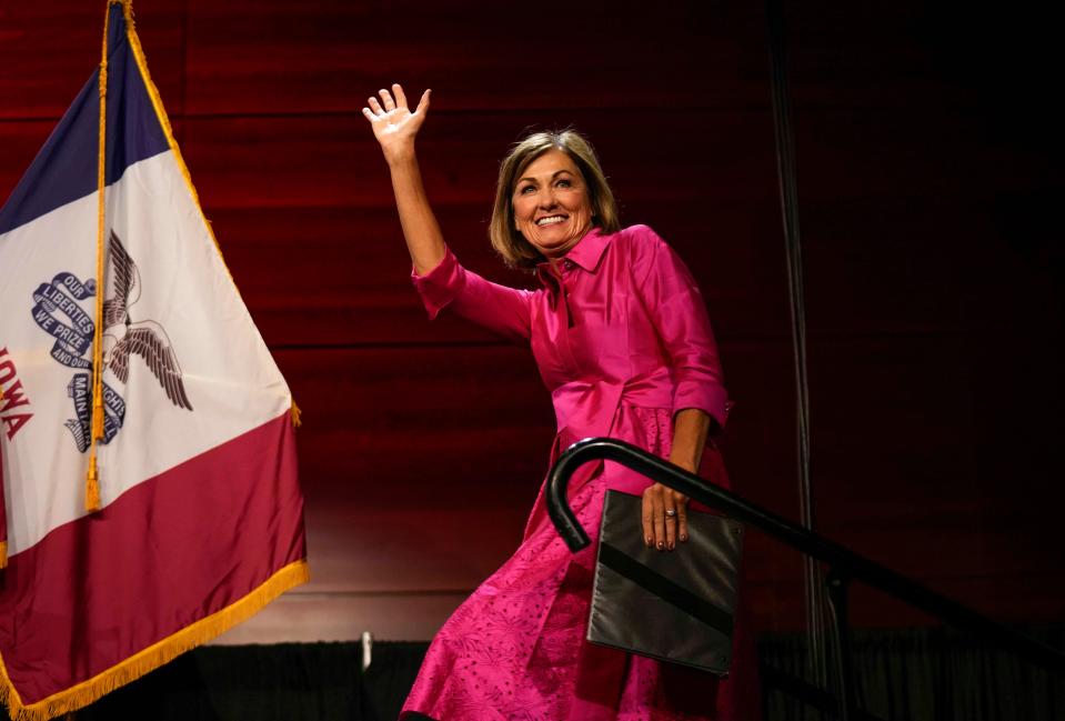 Iowa Gov. Kim Reynolds attends the Iowa Faith & Freedom Coalition's fall banquet, Saturday, Sept. 16, 2023, in Des Moines, Iowa. (AP Photo/Bryon Houlgrave)