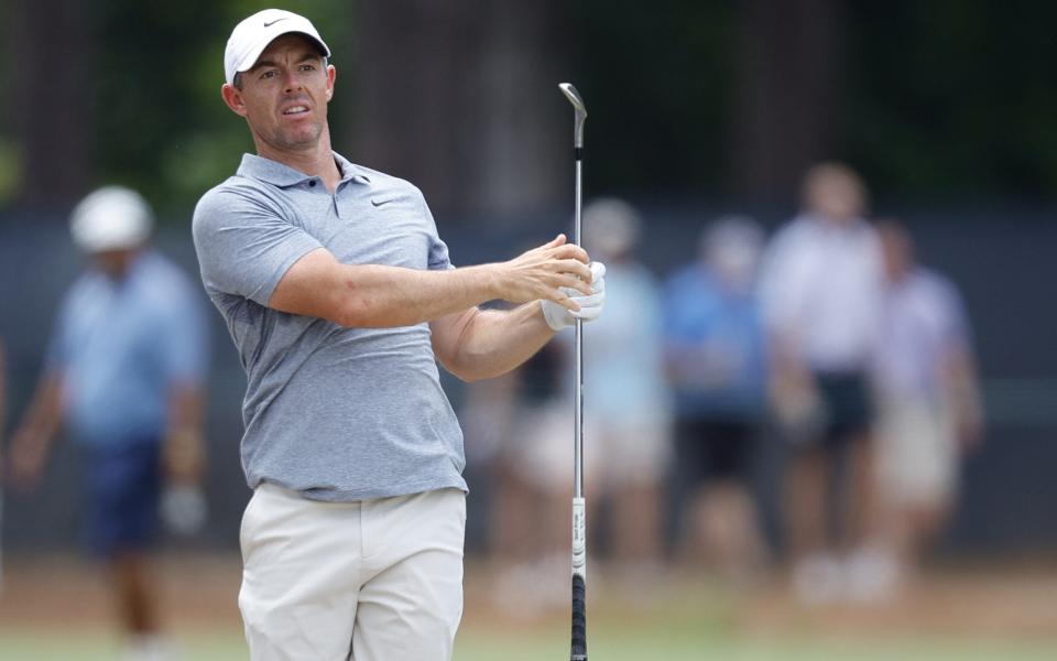 Rory McIlroy plays a shot during a practice round at the US Open