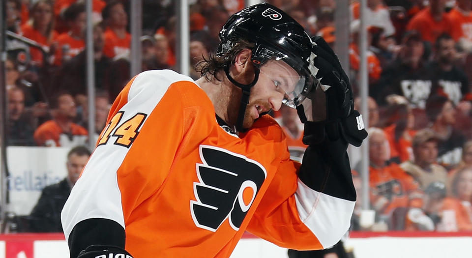 Sean Couturier had a rough time at practice on Tuesday. (Photo by Bruce Bennett/Getty Images)