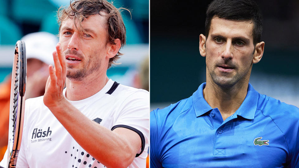 John Millman is pictured on the left, and Novak Djokovic is seen on the right in a side-by-side image.