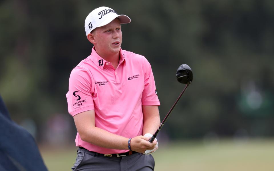 Jun 15, 2023; Los Angeles, California, USA; Maxwell Moldovan prepares to tee off on the 8th hole during the first round of the U.S. Open golf tournament at Los Angeles Country Club. Mandatory Credit: Kiyoshi Mio-USA TODAY Sports