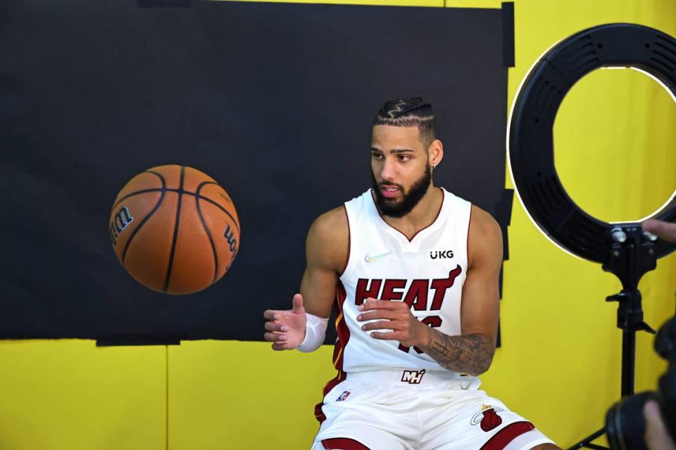 Miami Heat forward Caleb Martin poses for Getty Images photographer Michael Reaves during Media Day for the 2021-22 NBA season at FTX Arena on Monday, September 27 2021, in Miami.