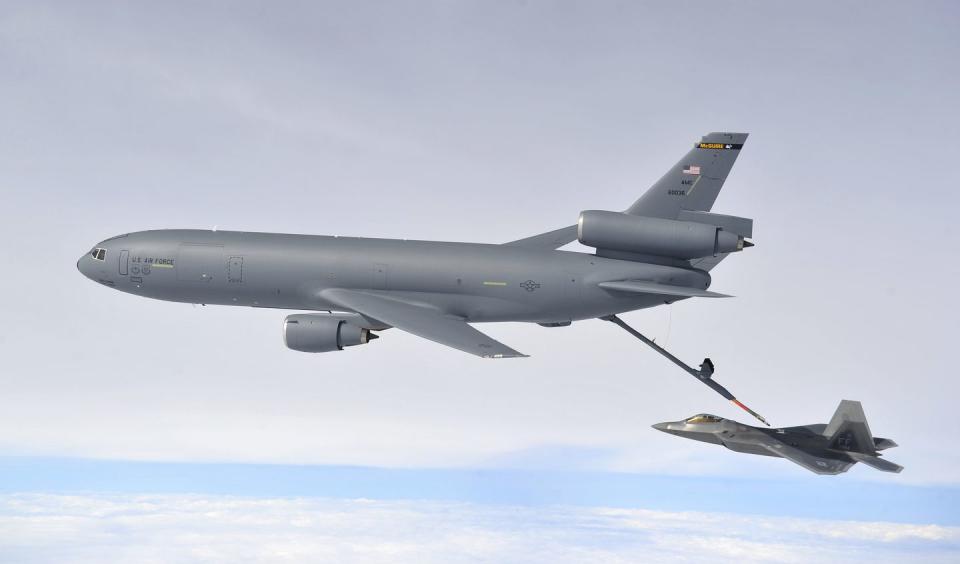 <p>An offshoot of the <a href="https://www.af.mil/About-Us/Fact-Sheets/Display/Article/104520/kc-10-extender/#:~:text=The%20KC%2D10A%20is%20operated,JB%20McGuire%2DDix%2DLakehurst" rel="nofollow noopener" target="_blank" data-ylk="slk:wide-body DC-10 passenger airliner;elm:context_link;itc:0;sec:content-canvas" class="link ">wide-body DC-10 passenger airliner</a>, the Extender is built to carry loads of cargo, troops, or up to 356,000 pounds of fuel. Operating far from home, an Extender's crew of four can refuel combat jets via a telescoping "flying boom" mounted under its tail.</p>