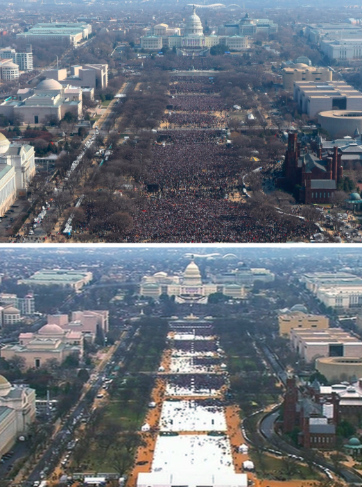 <em>The crowd for Trump’s inauguration (bottom) compared to Obama’s (top) (AP)</em>