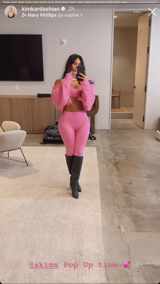 Kim Kardashian Thinks Pink in Skims Bra for Valentine's Pop-Up Shop