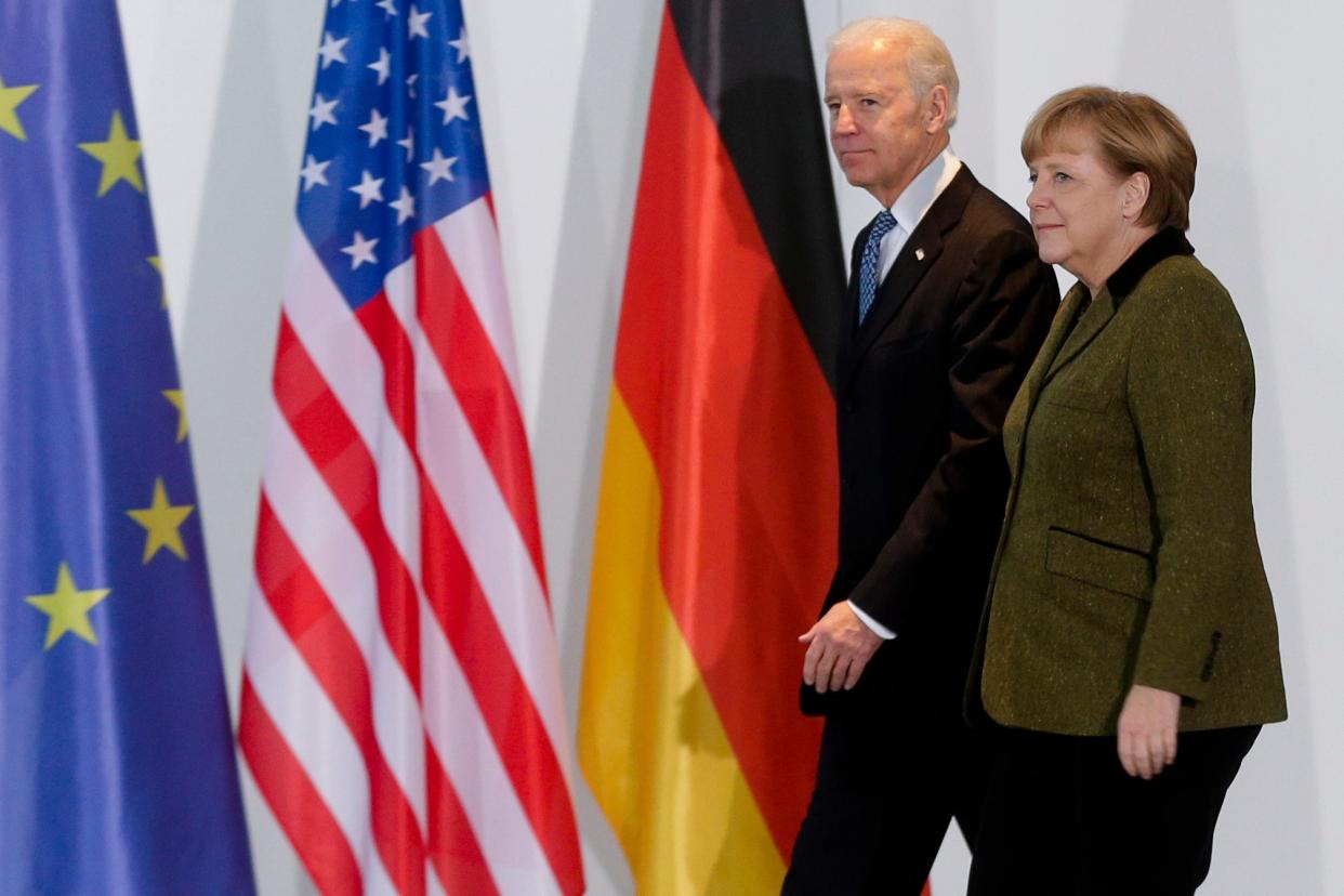 Joe Biden and Angela Merkel. (Copyright 2021 The Associated Press. All rights reserved.)