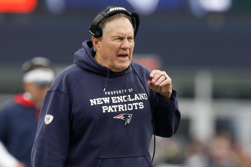 FILE - New England Patriots head coach Bill Belichick calls to his players during the first half of an NFL football game against the Jacksonville Jaguars, Sunday, Jan. 2, 2022, in Foxborough, Mass. Belichick will turn to the draft to bolster a roster that still needs a youth injection at linebacker, offensive line, receiver and cornerback. (AP Photo/Paul Connors, File)