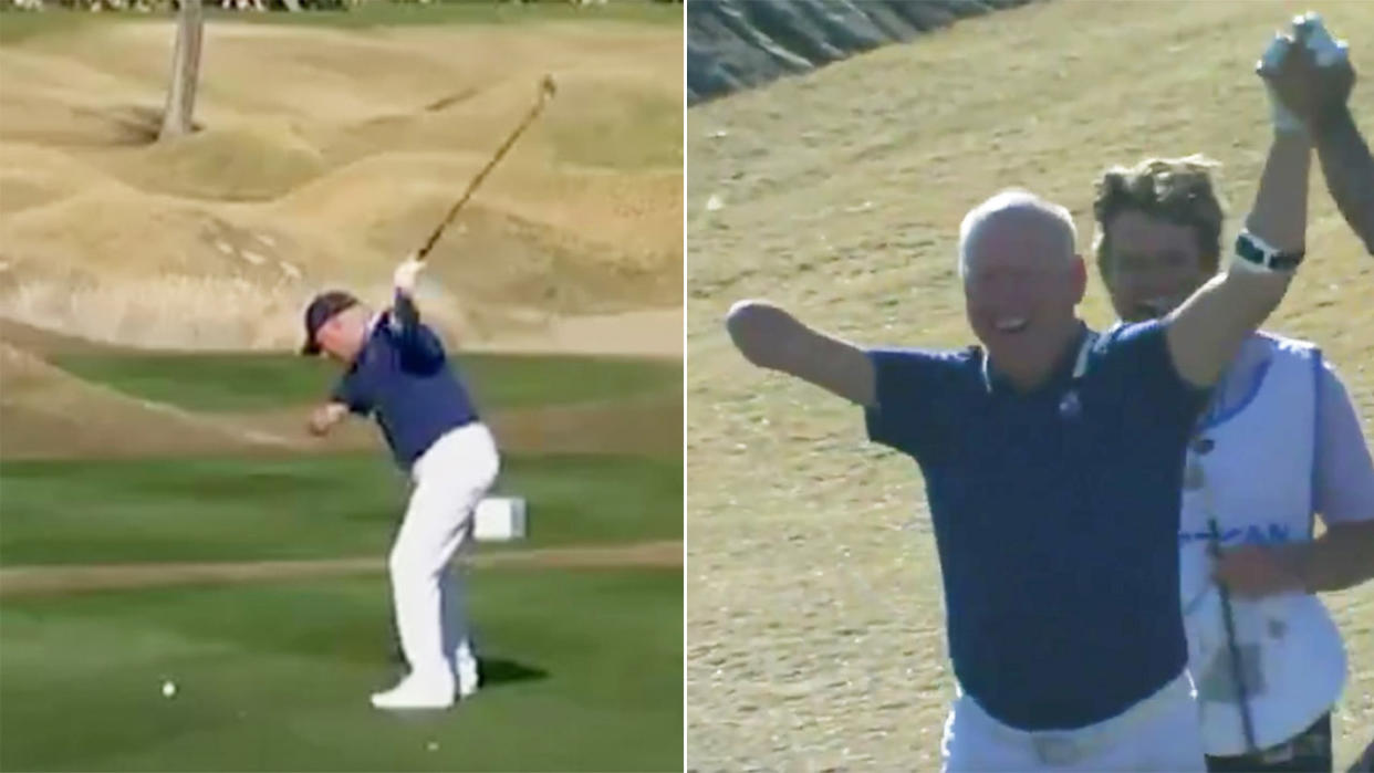 One-armed golfer Laurent Hurtubise hitting a hole-in-one and celebrating.