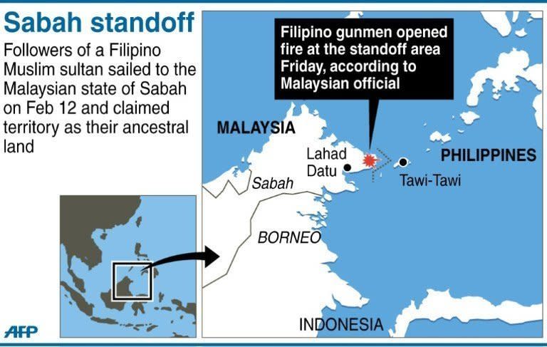 Map showing Malaysia's Sabah, where Malaysian forces are in a stand-off with followers of a self-claimed Filipino sultan. Malaysia has threatened to take "drastic action" against intruding followers of a self-proclaimed Filipino sultan who have vowed to dig in following a shootout that killed 14 people