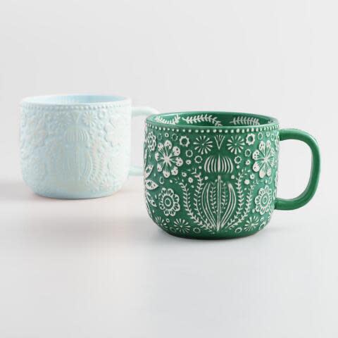 Icy Blue and Dark Green Jolly Hearts Mugs Set of 2