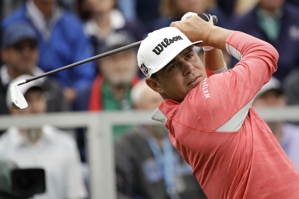 Gary Woodland watches his tee shot on the first hole during the final round of the U.S. Open Championship golf tournament Sunday, June 16, 2019, in Pebble Beach, Calif. (AP Photo/Marcio Jose Sanchez)