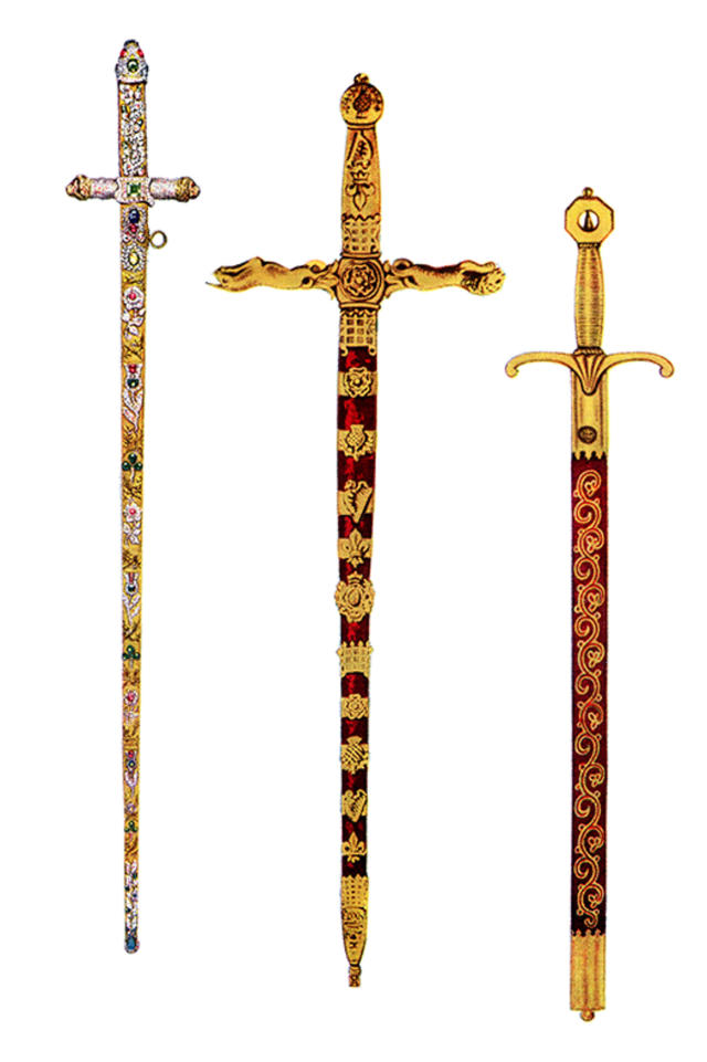 The jewelled Sword of Offering (left) with the the Sword of State, and the Sword of Mercy