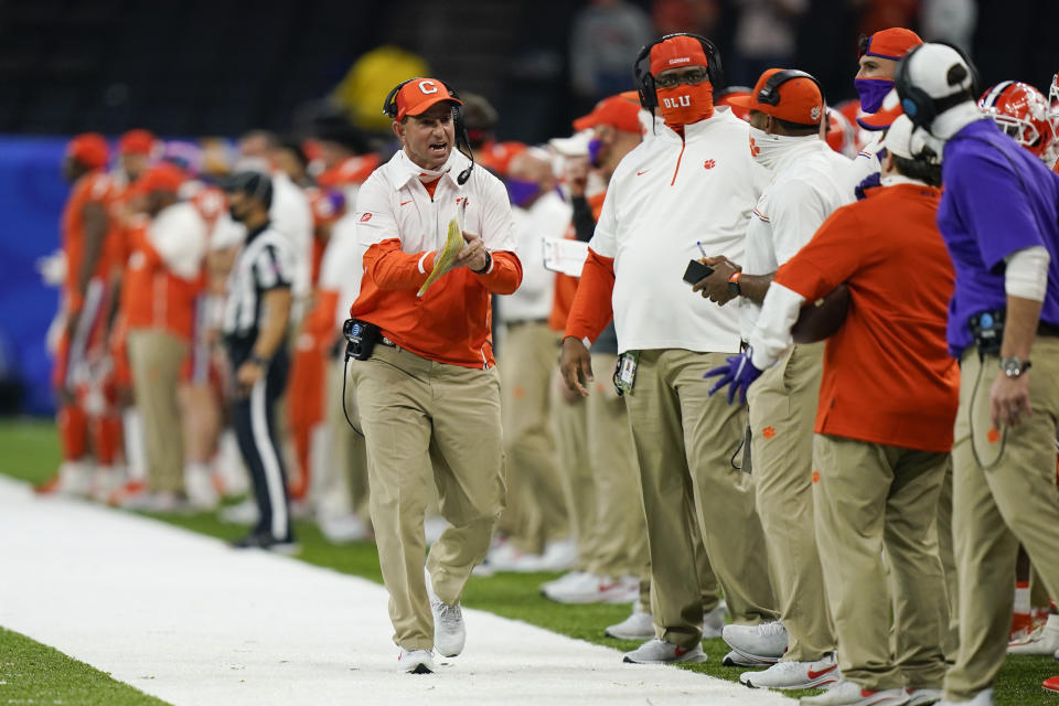 Clemson head coach Dabo Swinney yells during the first half of the Sugar Bowl NCAA college football game against Ohio State Friday, Jan. 1, 2021, in New Orleans. (AP Photo/Gerald Herbert)