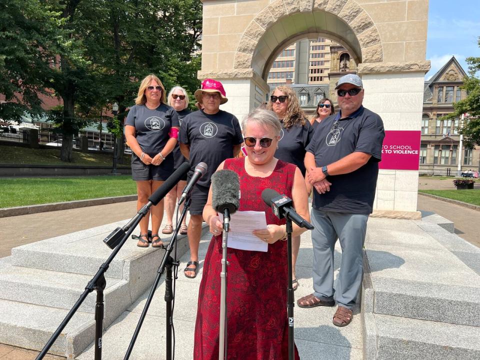 CUPE Nova Scotia President Nan McFadgen with school support workers in August.