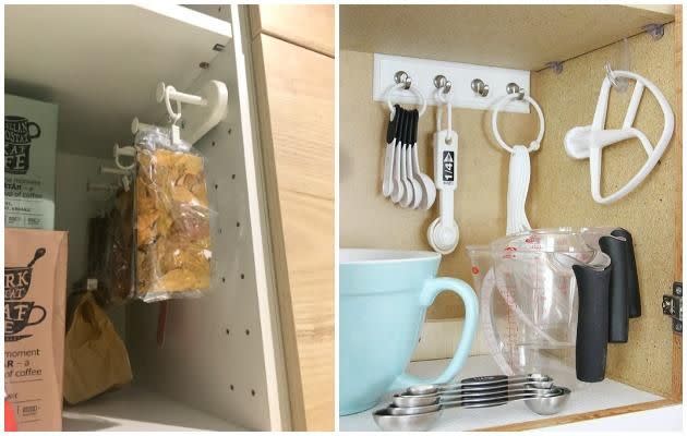 Feel organised with this design hack of using bedroom hooks in your kitchen cupboards. Source: Be; Pinterest/ Chelsea