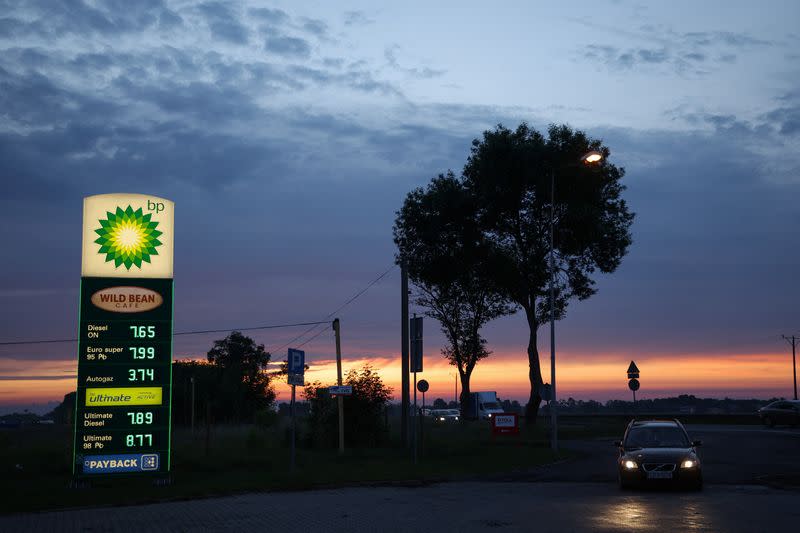 FILE PHOTO: British Petrol BP price list pillar displayed petrol prices in Polish zloty in Pienkow