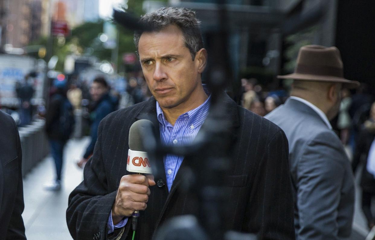 Then-CNN correspondent Chris Cuomo during an air report in front of the Time Warner Building in Manhattan, New York.