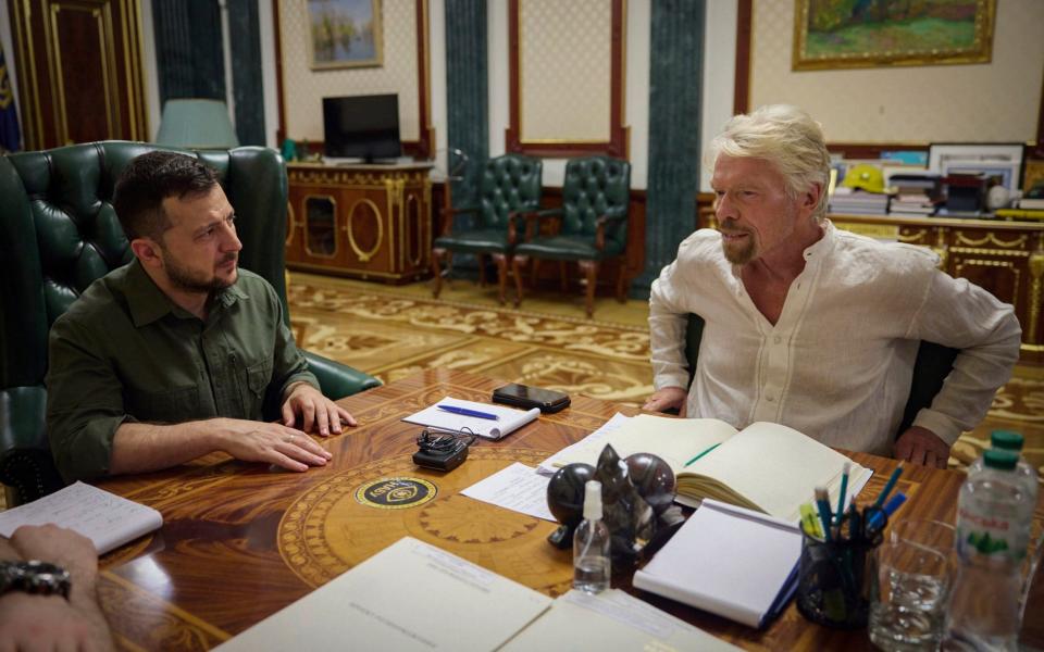 Ukrainian President Volodymyr Zelensky during his meeting with Sir Richard Branson in Kyiv - PA