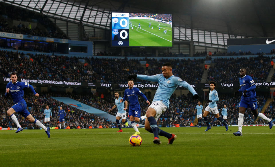 Gabriel Jesus scores for City against Everton at the Etihad