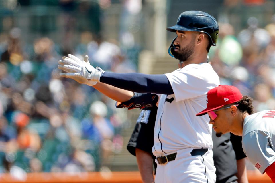 Detroit Tigers left fielder Riley Greene (31) celebrates after he hits a double in the first inning against the St. Louis Cardinals at Comerica Park in Detroit on Wednesday, May 1, 2024.