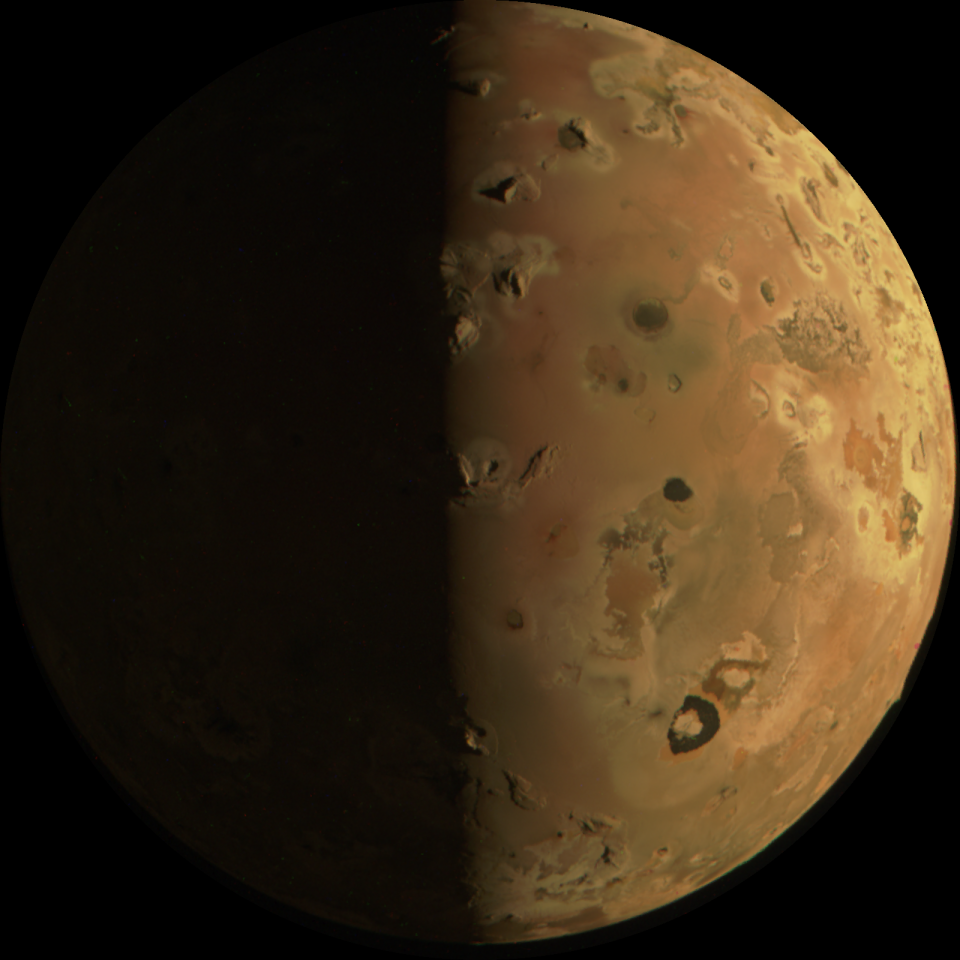 On December 30, 2023, the Juno spacecraft flew within roughly 930 miles of the moon Io. The spacecraft’s JunoCam imager captured images of a red sphere dotted with volcanoes. CREDIT: NASA/SwRI/MSSS