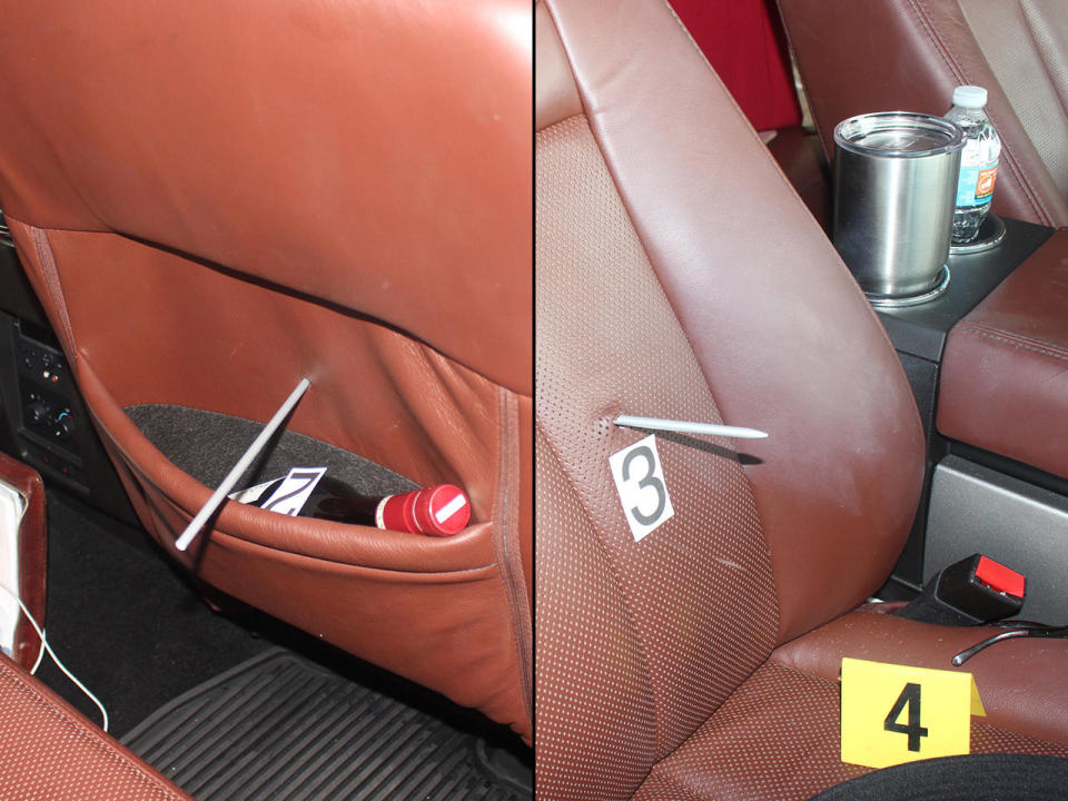 At left, a dowel shows where the bullet struck from the back right seat, through to the the front passenger seat, [pictured right] where Diane McIver was sitting. / Credit: Superior Court of Fulton County