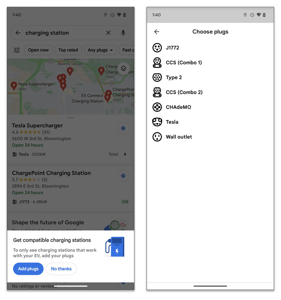 Mapas de Google te permite filtrar tus resultados de búsqueda para mostrar solo estaciones de carga que tienen el tipo de conector de tu auto. (Google vía The New York Times)