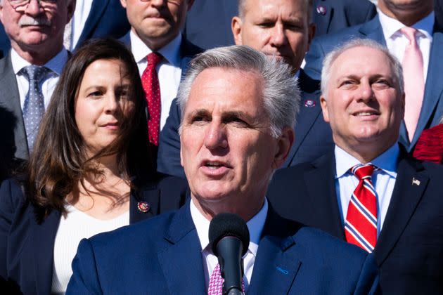 House Minority Leader Kevin McCarthy (R-Calif.) speaks during a news conference on the steps of the U.S. Capitol on Sept. 29, flanked by House Minority Whip Steve Scalise (R-La.) and House Republican Conference Chair Elise Stefanik (R-N.Y.). If Republicans take control of the House after the midterm elections, GOP leadership would likely reject any expansion of unemployment aid. (Photo: Tom Williams/CQ-Roll Call via Getty Images)