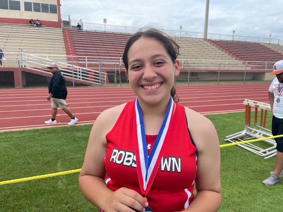 Robstown freshman Hailey Martinez finished third and set a personal best with a mark of 124-feet, 11-inches in the discus at the District 31-4A/32-4A area track meet in Alice on Thursday, April 21, 2022.