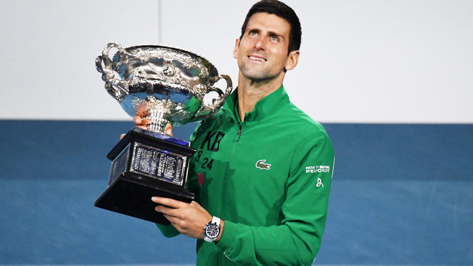 Novak Djokovic, pictured here after winning his eighth Australian Open crown in January. 