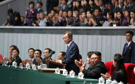 South Korean President Moon Jae-in delivers his speech after watching the performance titled "The Glorious Country" at the May Day Stadium in Pyongyang, North Korea, September 19, 2018. Pyeongyang Press Corps/Pool via REUTERS