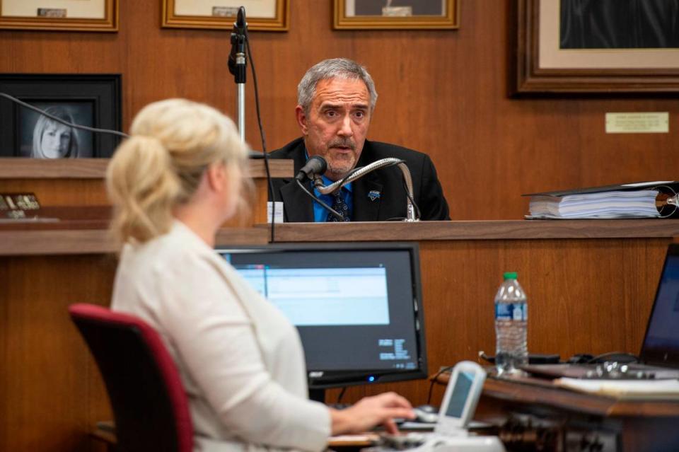 Investigator Nick Sonnier testifies on the witness stand during a hearing for Joseph David Heard, who is accused of killing his stepson Hayden Bataille, on Wednesday, May 18, 2022.