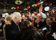 <p>Republican presidential hopeful, Sen. John McCain, R-Ariz., and his wife Cindy greet supporters at his primary election watch party in Dallas, March 4, 2008. (Photo: Gerald Herbert/AP) </p>